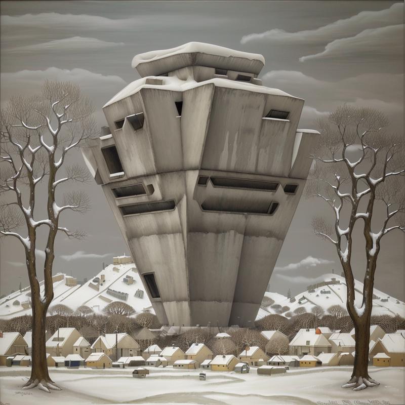 03096-4259556415-brutalism, eco brutalism, a painting of a snowy village with a tree and a hill in the background with a few houses on it, (giant.png